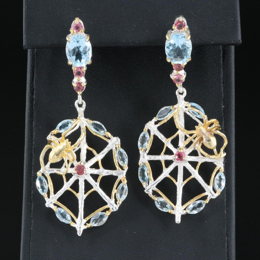 Sterling Silver Sky Blue Topaz and Garnet Spider and Web Earrings