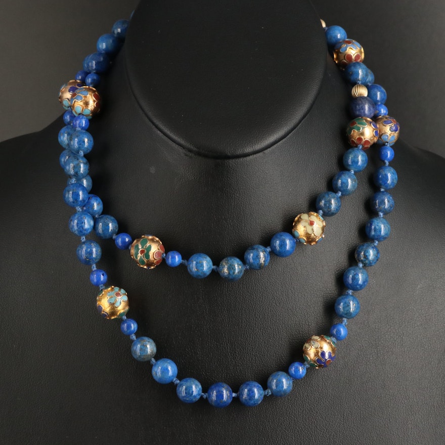 Cloisonné Lapis Lazuli and Glass Beaded Necklace