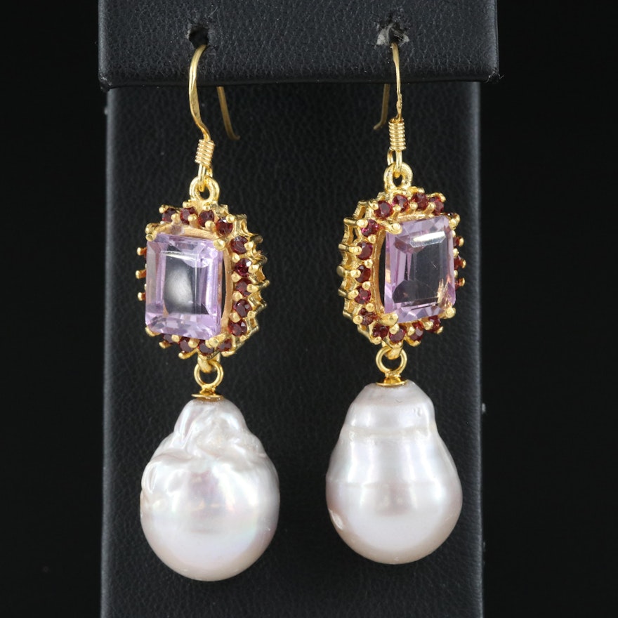 Sterling Pearl, Amethyst and Garnet Drop Earrings