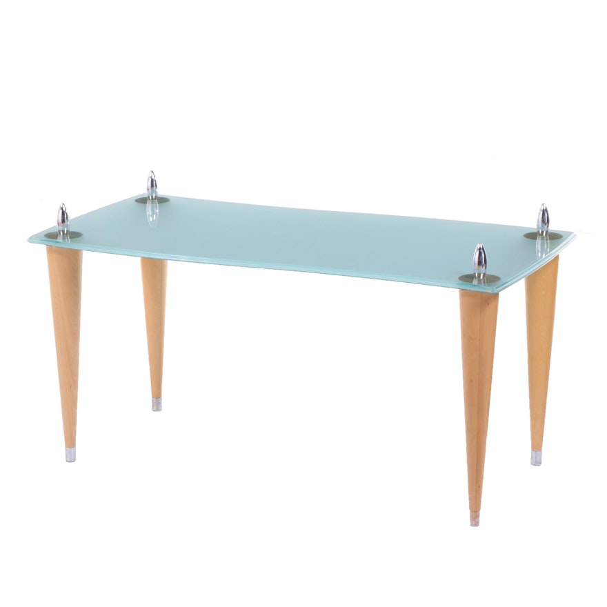 Memphis Style Table with Sand-Blasted Glass on Beech Legs