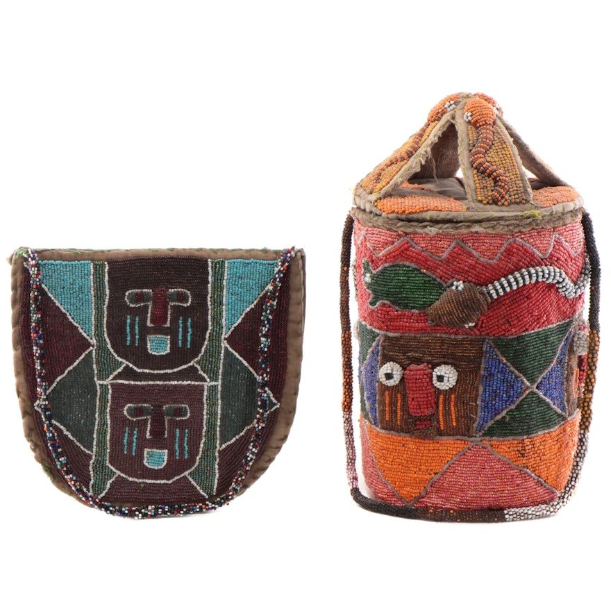 Yoruba Beaded "Ifa" Bag and Lidded Container