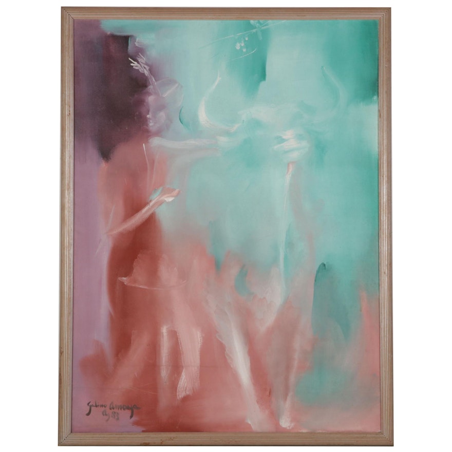 Gabino Amaya Cacho Oil Painting of Abstract Figure and Bull, 1983
