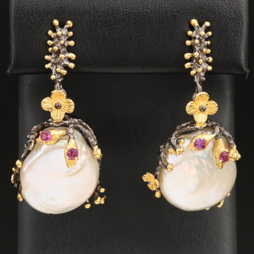 Sterling Pearl and Garnet Flower Earrings