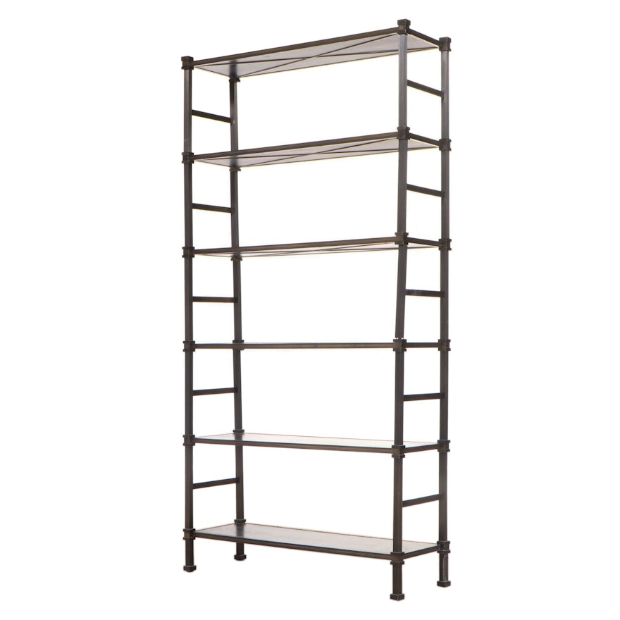 Metal Étagère Bookcase with Leather Wrapped Shelves