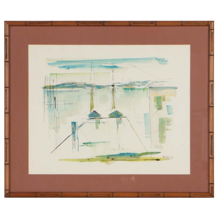 Alfred Birdsey Abstract Dock Scene Watercolor Painting