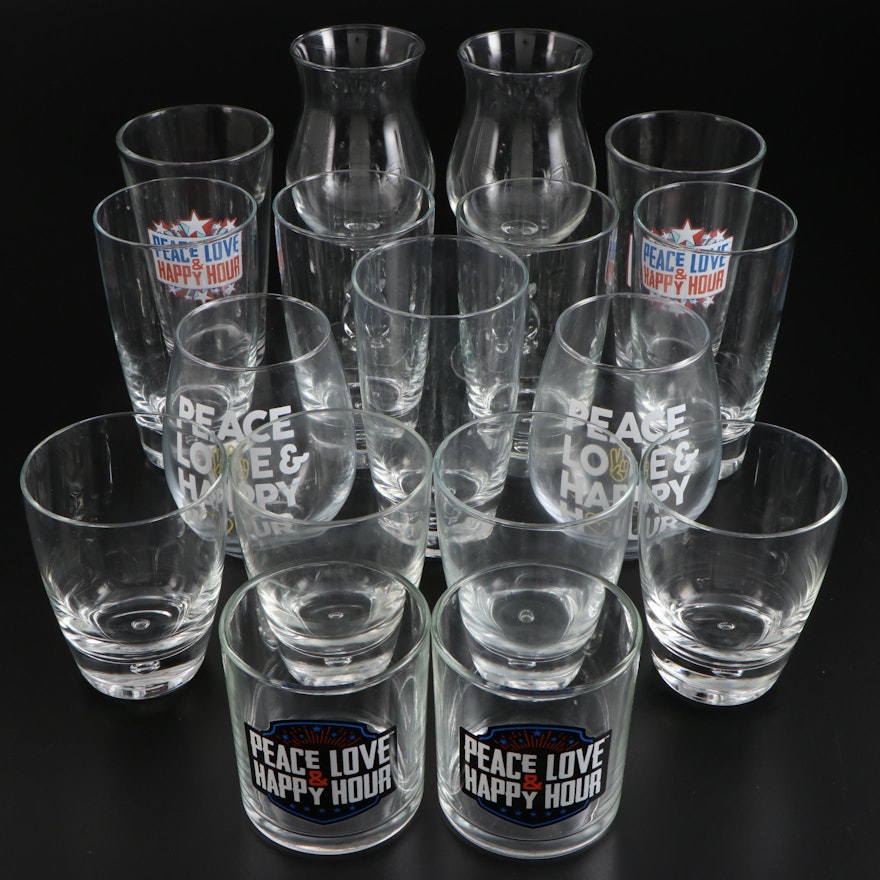 "Peace Love & Happy Hour" and Other Novelty Drinking Glasses
