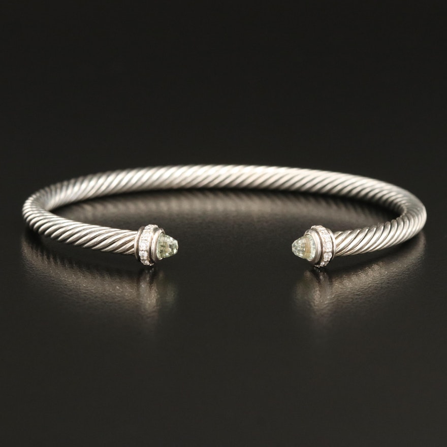 David Yurman "Cable Classics" Sterling Prasiolite and Diamond Cuff