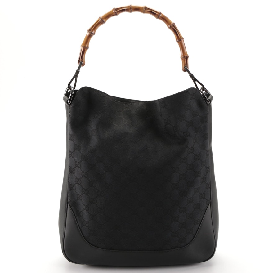 Gucci Bamboo Handle Two-Way Shoulder Bag in Black GG Canvas and Leather