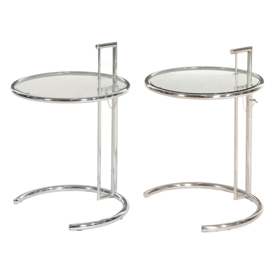 Modern Style Round Glass-Top Adjustable Side Tables, Manner of Eileen Gray