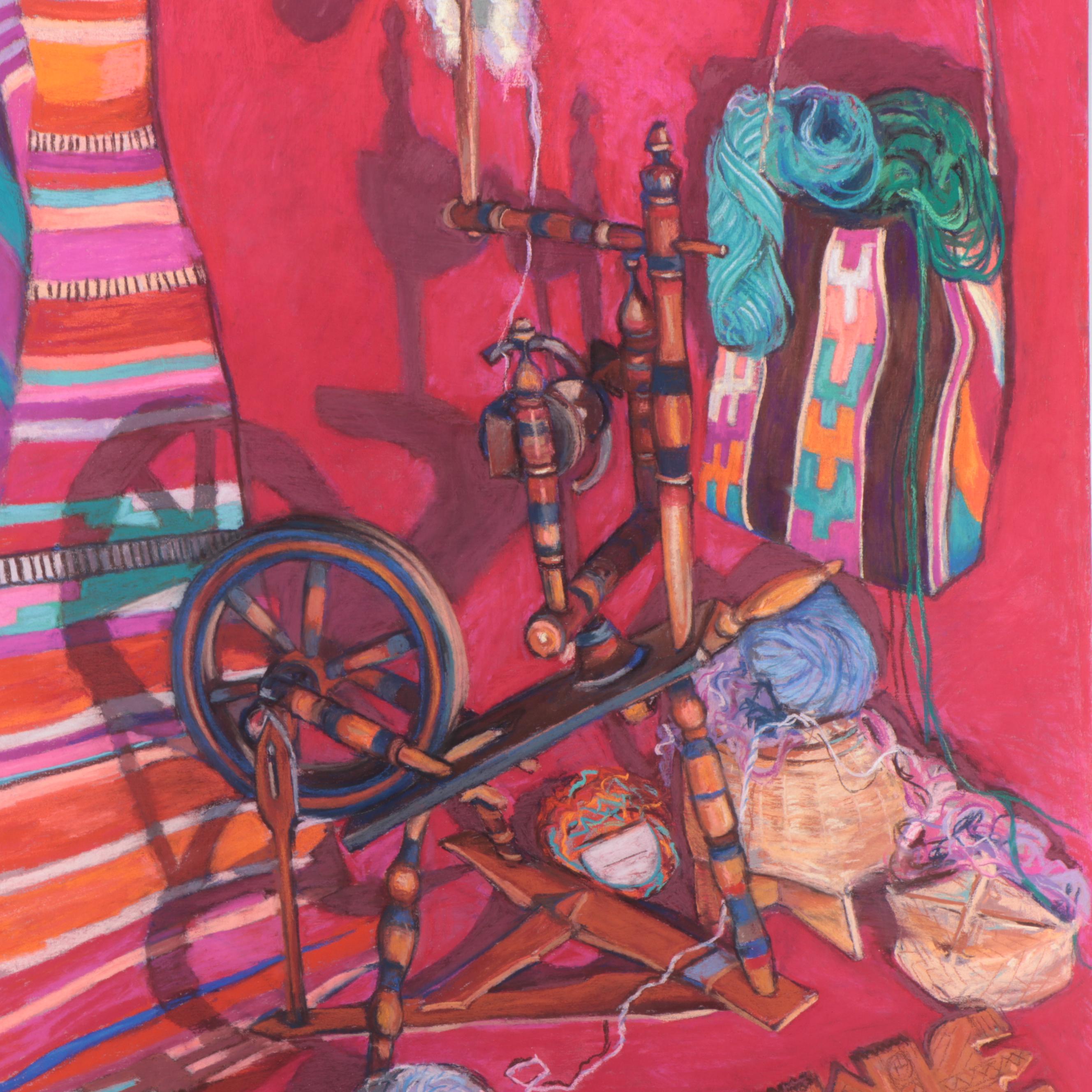 Martha Bator Still Life Pastel Drawing of a Spinning Wheel