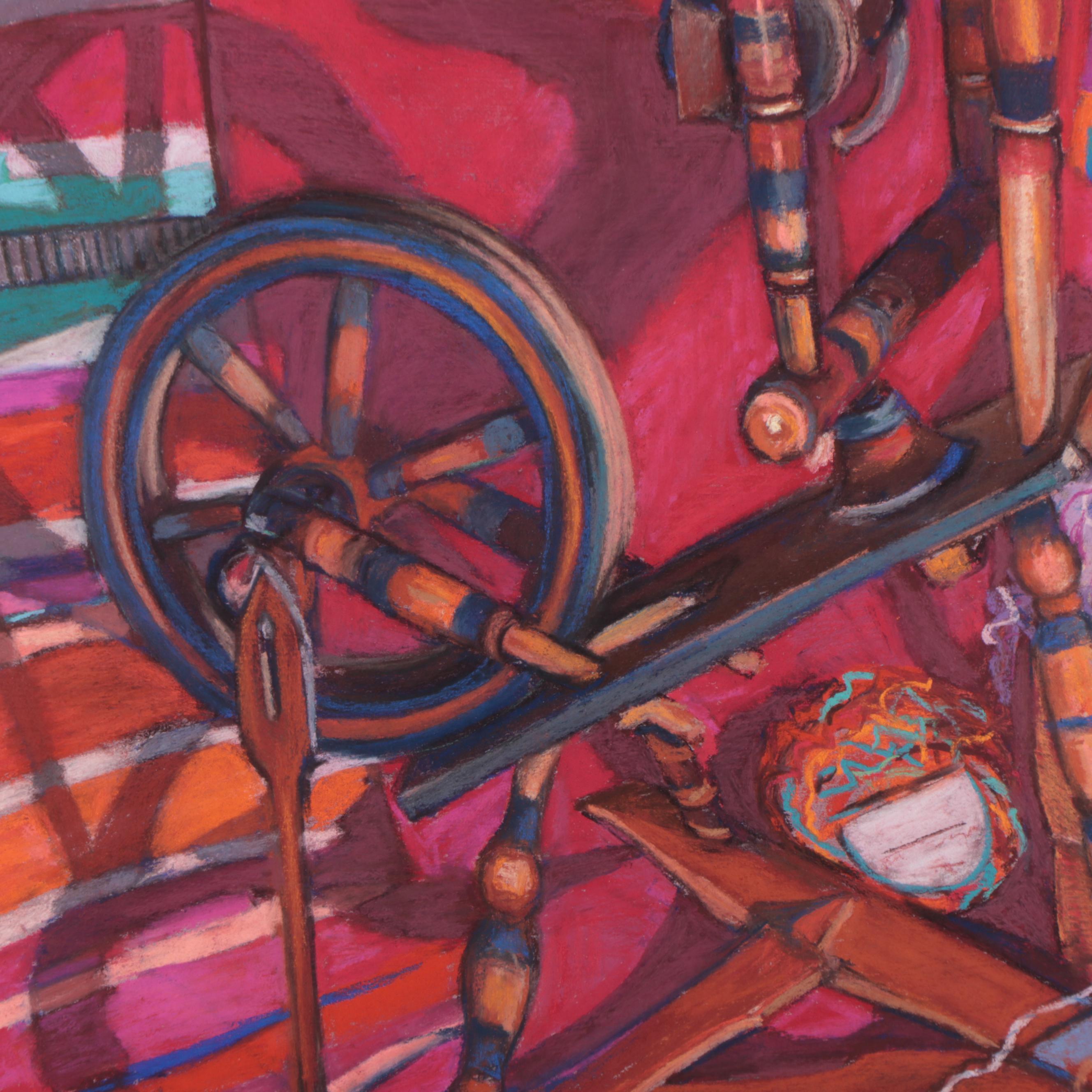Martha Bator Still Life Pastel Drawing of a Spinning Wheel