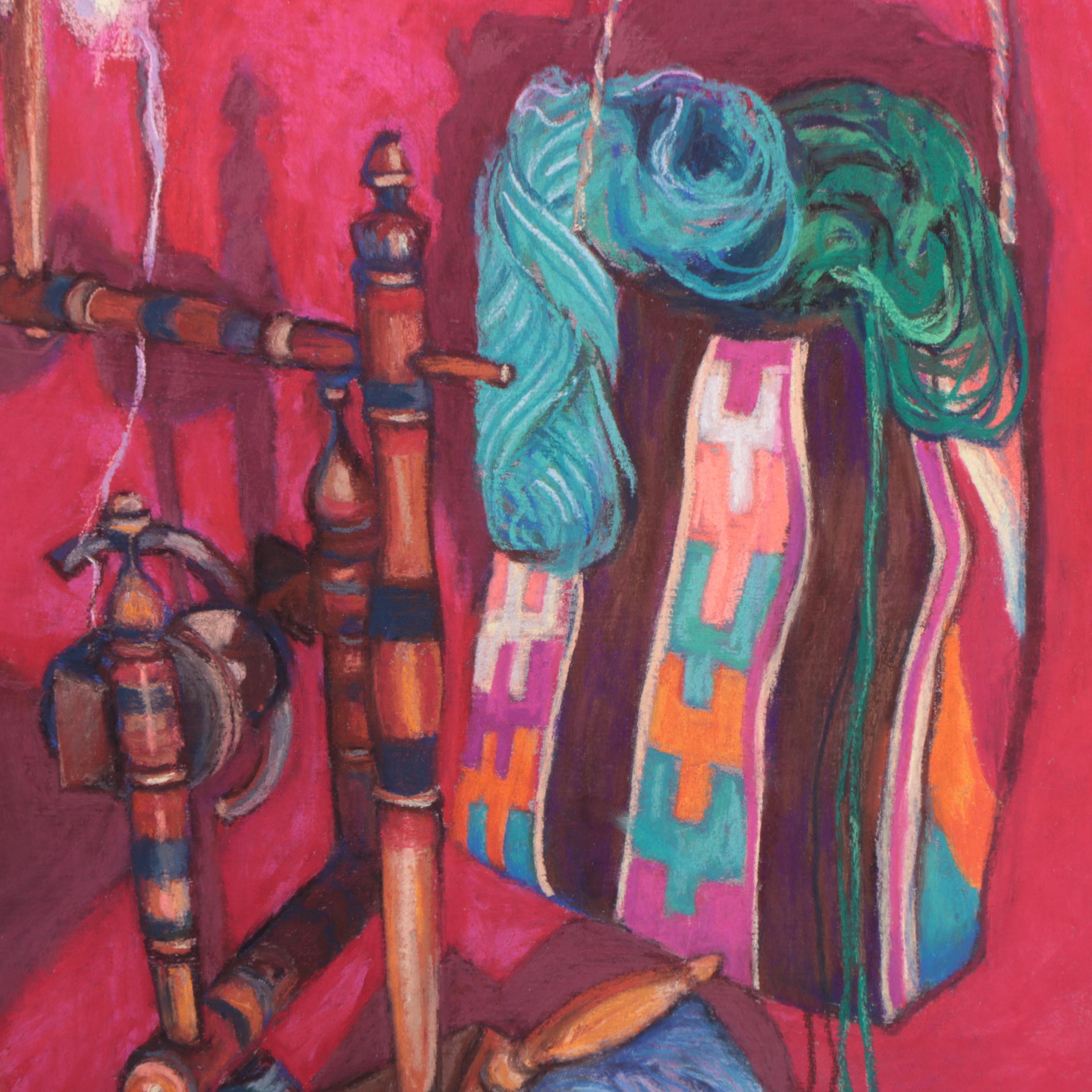 Martha Bator Still Life Pastel Drawing of a Spinning Wheel