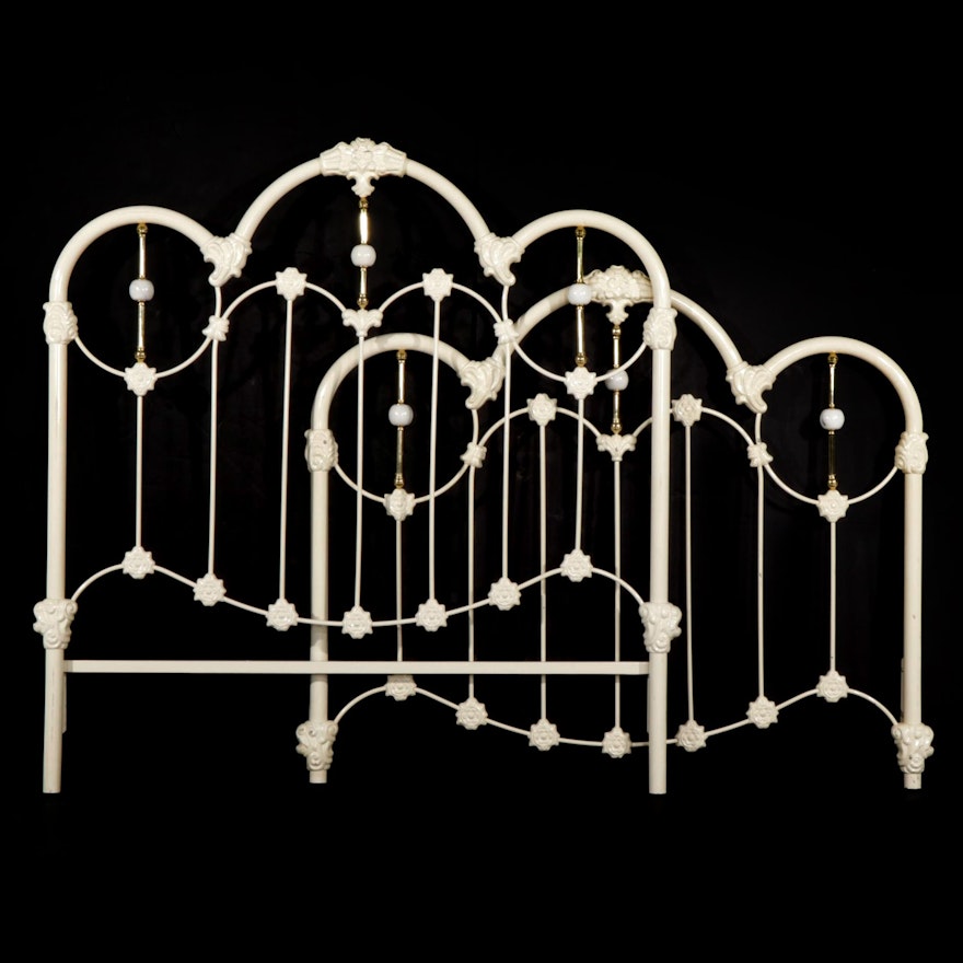 Cream-Painted Metal Full Size Headboard and Footboard, Late 20th Century