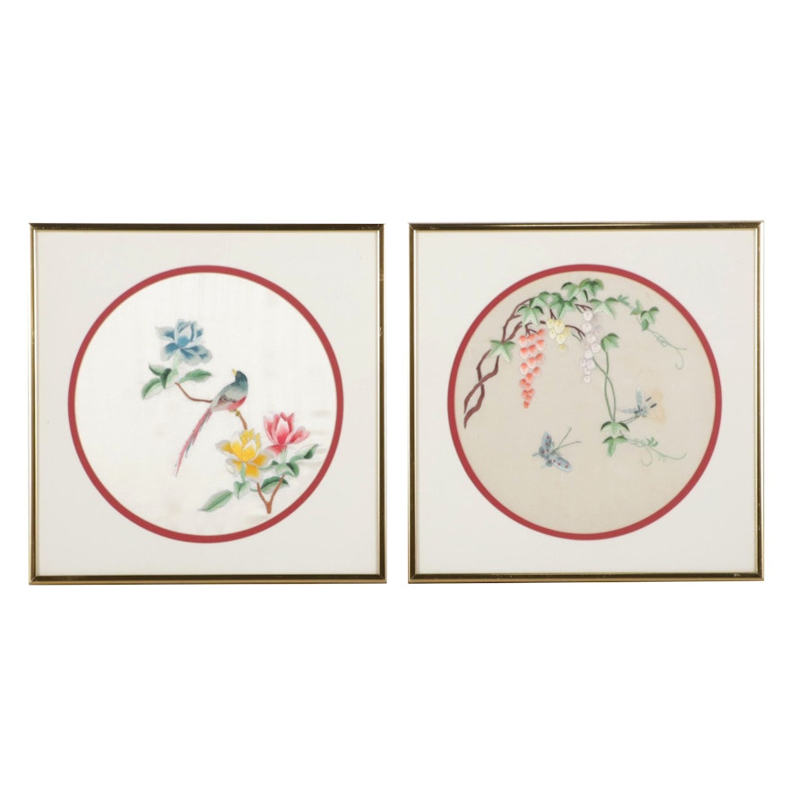 Chinese Inspired Handmade Embroidered Silk Panels of Bird and Butterflies