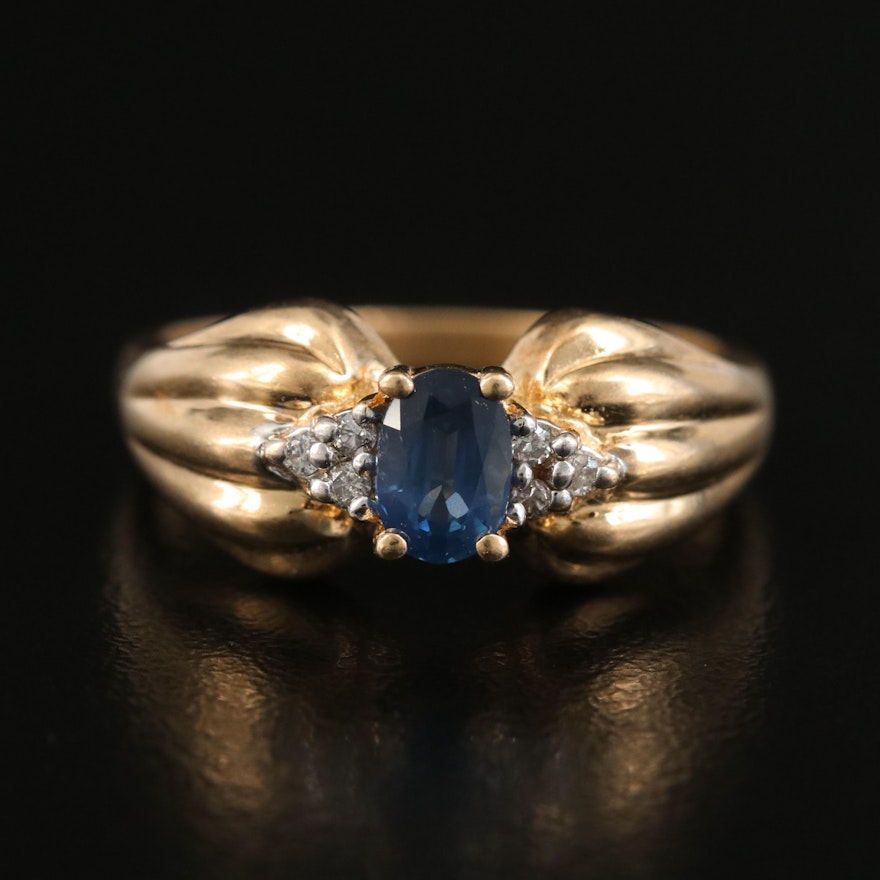 14K Sapphire and Diamond Ring with Fluted Shoulders
