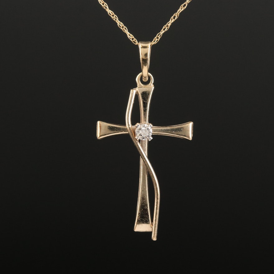 14K Diamond Cross Pendant on 10K Singapore Chain Necklace