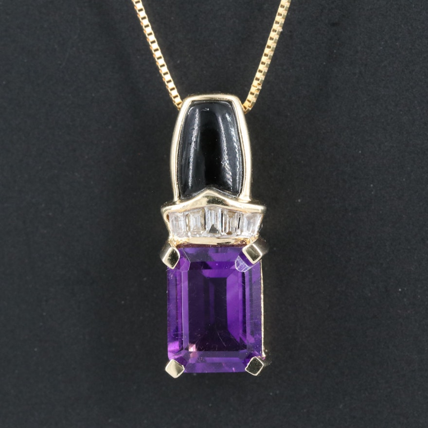 10K Amethyst, Diamond and Obsidian Pendant Necklace
