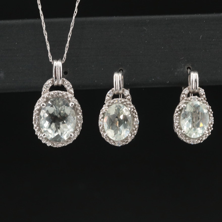 14K Prasiolite and Diamond Pendant Necklace and Earrings