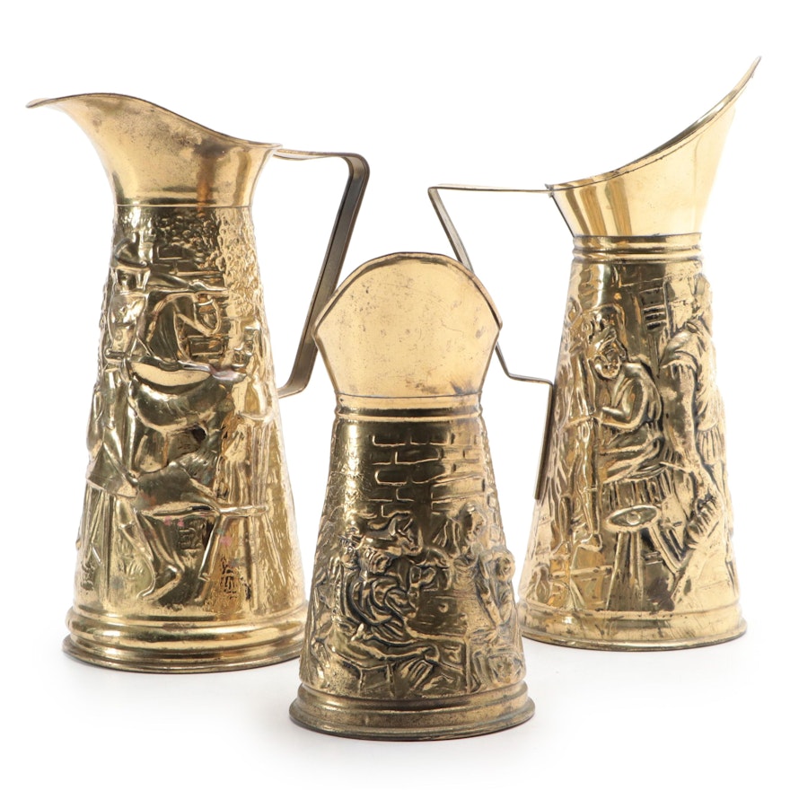 Peerage and Other English Embossed Brass Pitchers, Mid to Late 20th Century