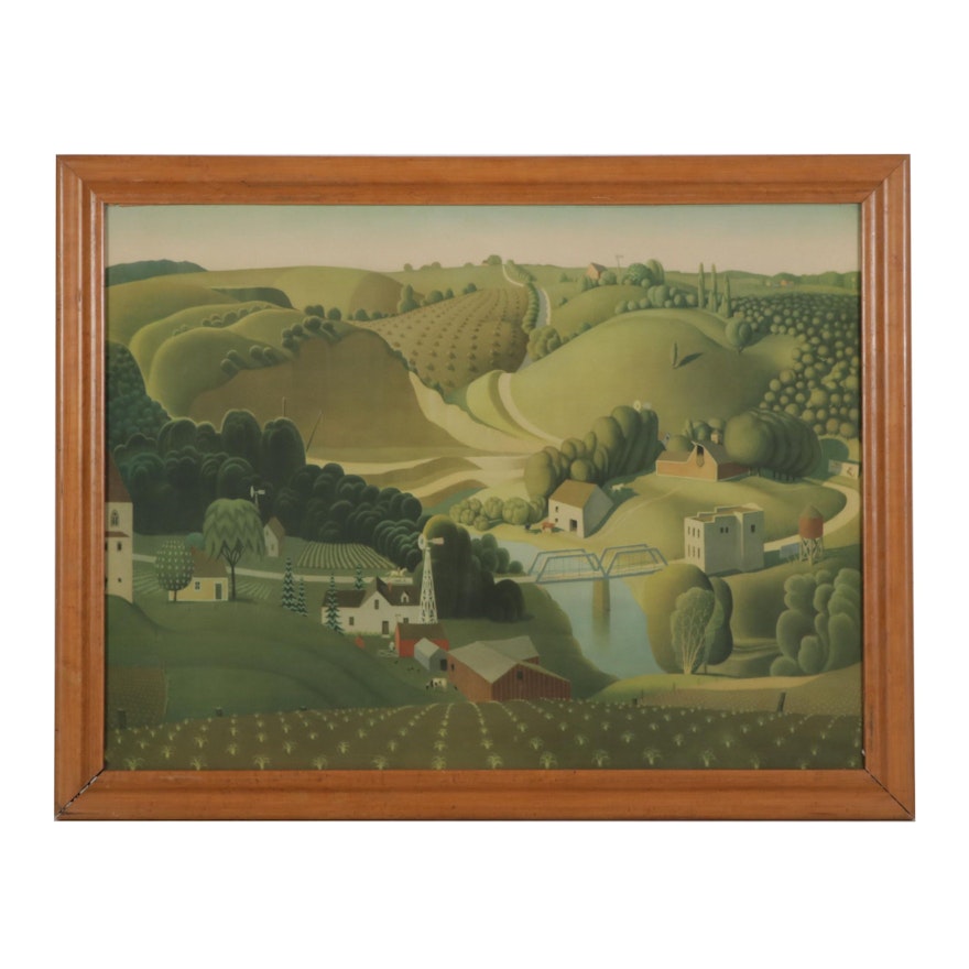 Offset Lithograph After Grant Wood "Stone City, Iowa," Mid-Late 20th Century