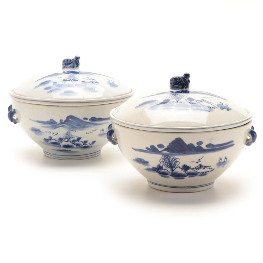 Pair of Chinese Blue and White Ceramic Rice Serving Bowls