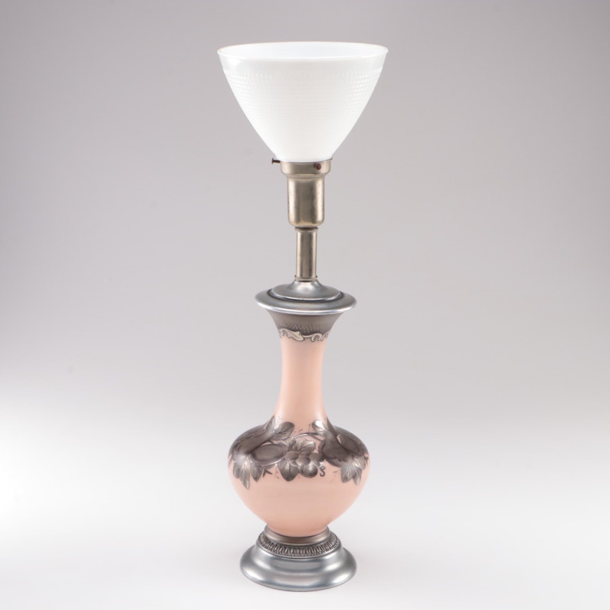 Silver Fruit and Rose Colored Glass Bodied Torchiere Table Lamp, Mid-20th C