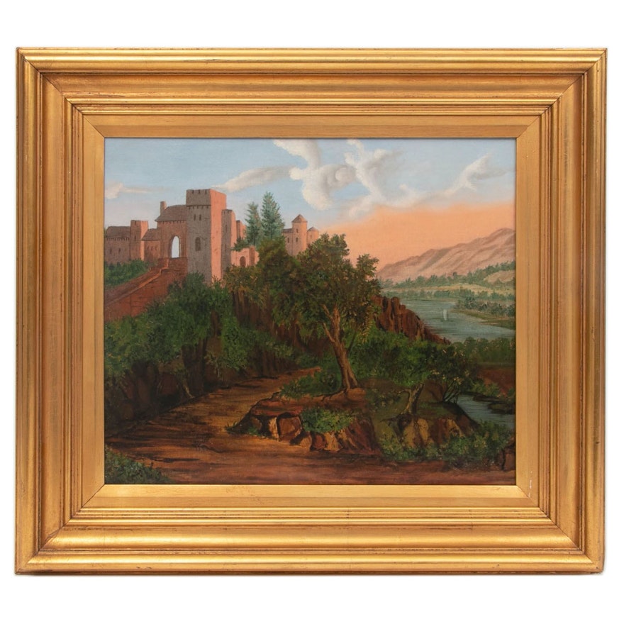 Landscape Oil Painting of City Atop a Hill, Early-Mid-20th Century