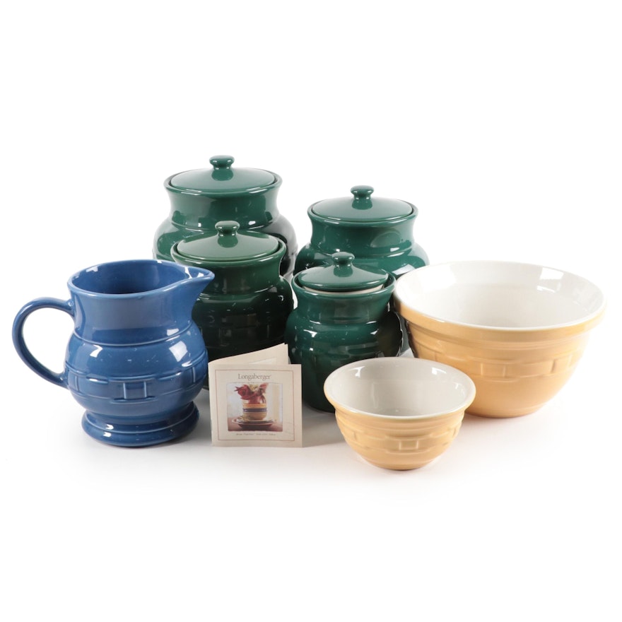 Longaberger "Woven Traditions" Ceramic Food Canisters, Mixing Bowls and Pitcher