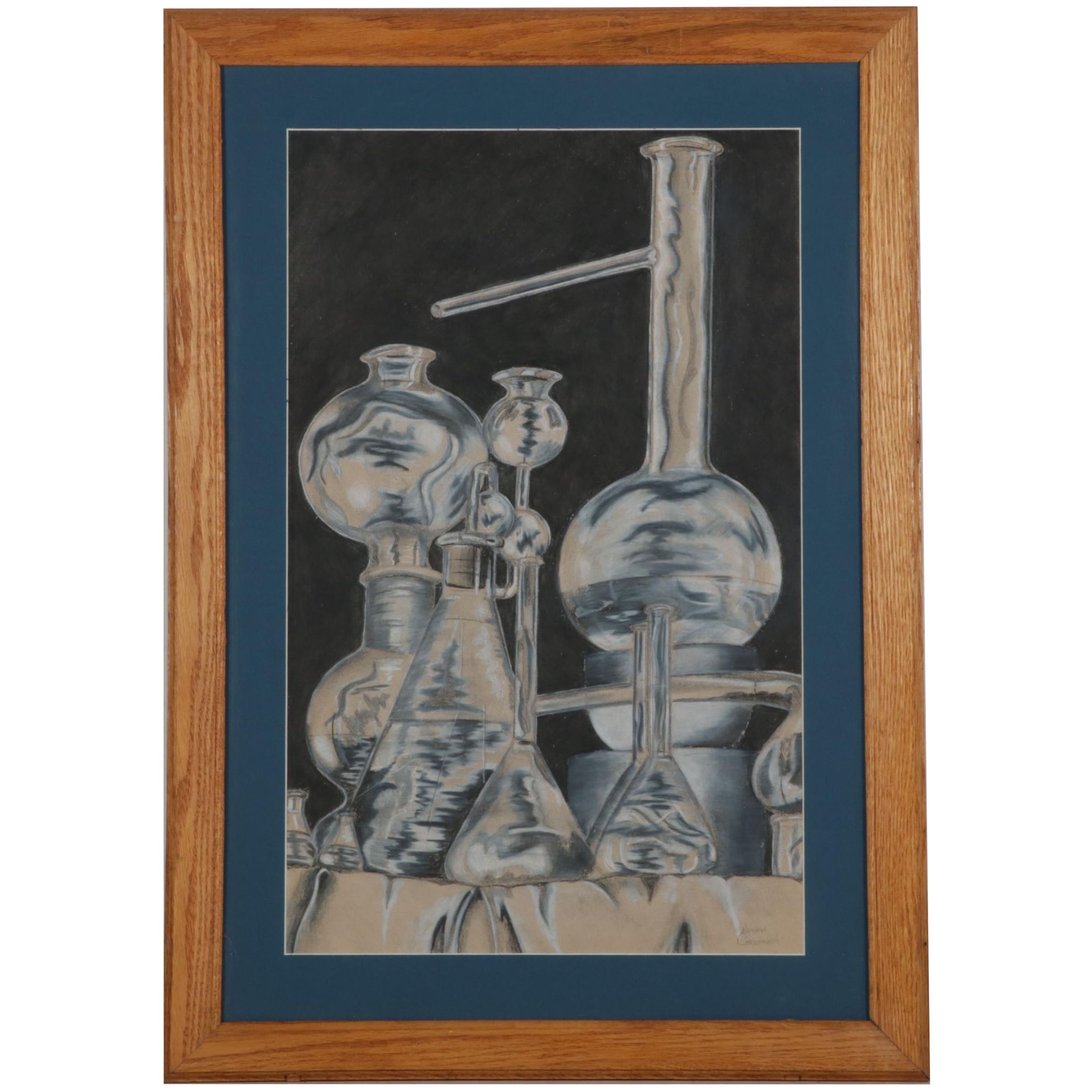 Nathan Christman Charcoal and Conté Drawing of Chemistry Glassware