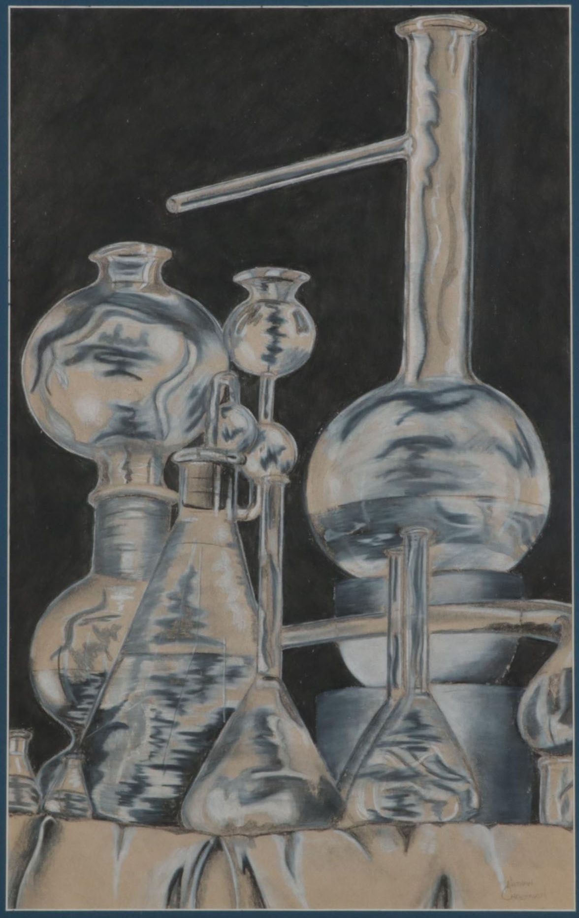 Nathan Christman Charcoal and Conté Drawing of Chemistry Glassware