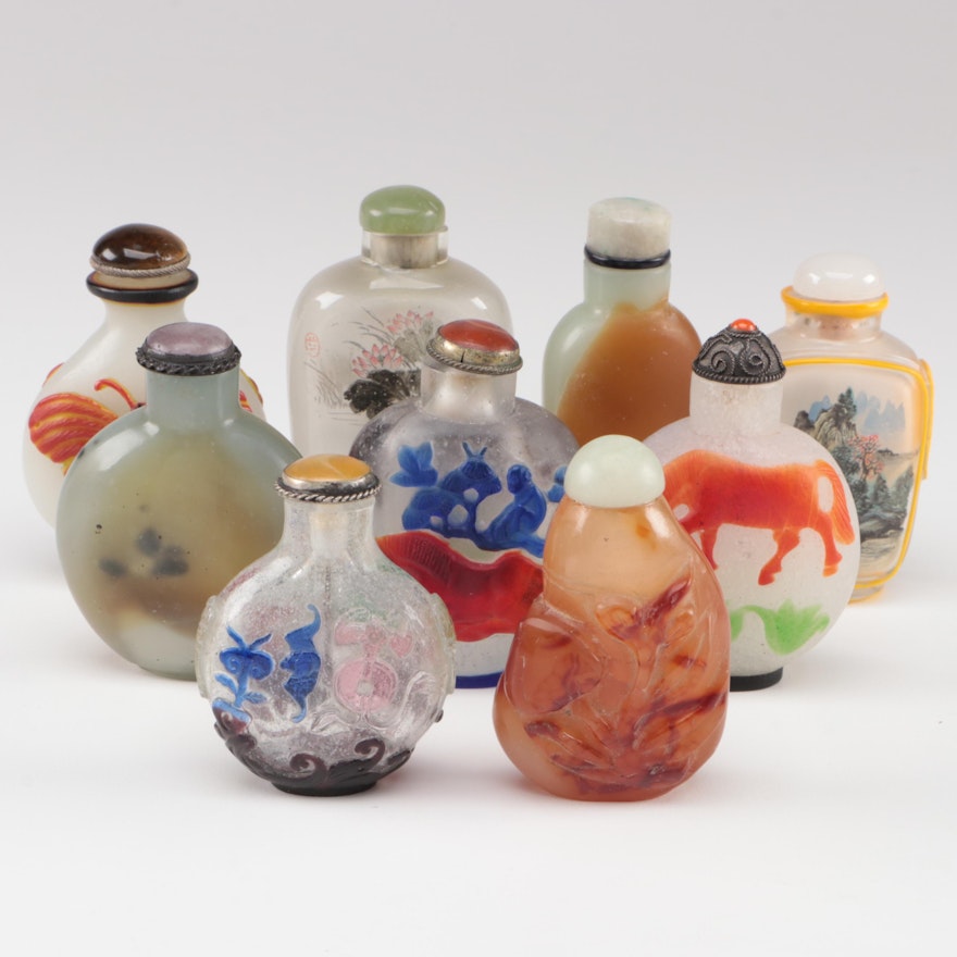 Chinese Cut Peking Glass, Reverse Painted Glass, and Carved Stone Snuff Bottles