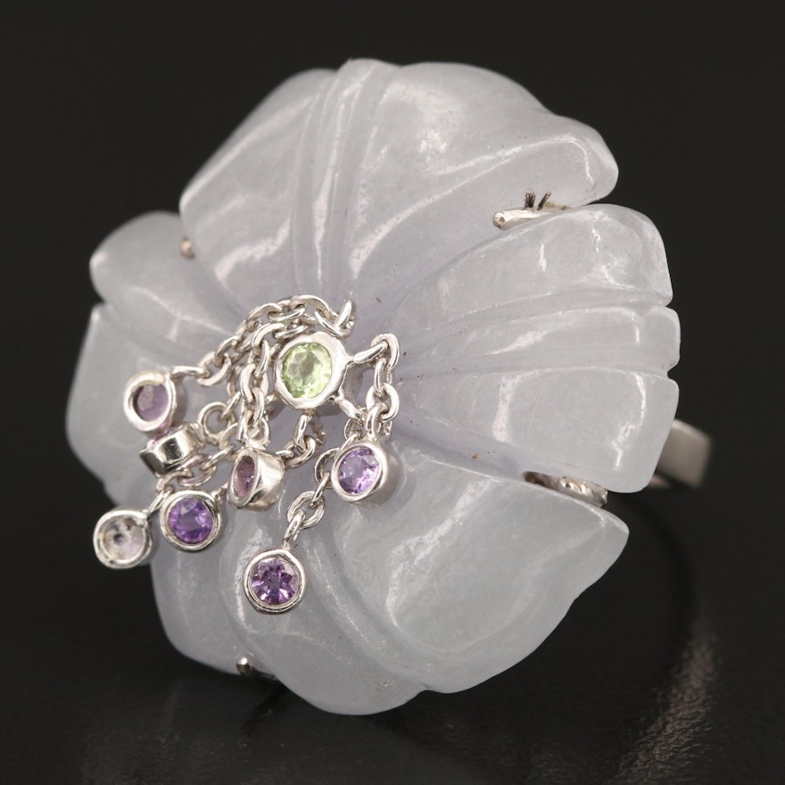 Sterling Jadeite, Amethyst and Peridot Flower Ring with Articulating Accents