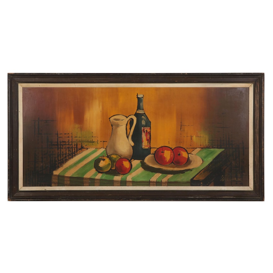 Still Life Acrylic Painting of Apples and Wine, Mid-Late 20th Century