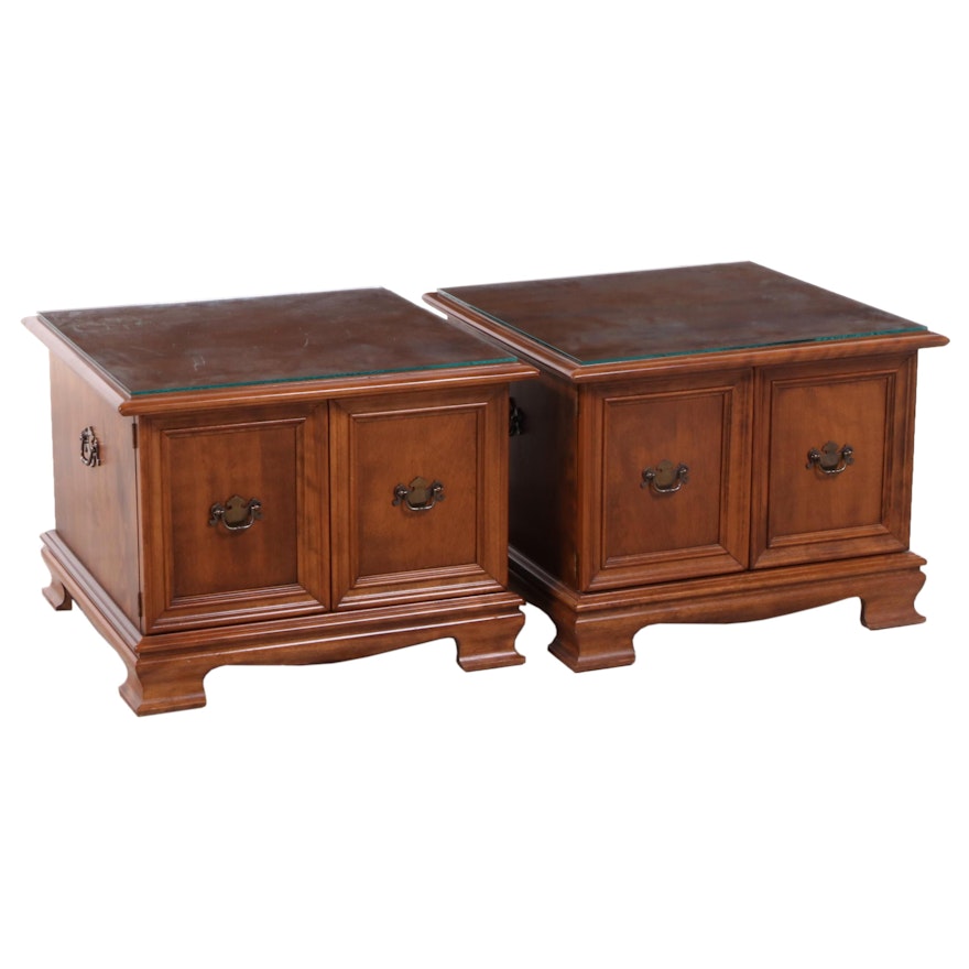 Pair of Colonial Style Maple End Table/Cabinets with Glass