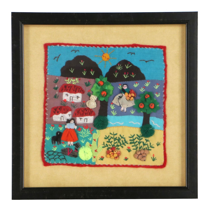 Framed South American Arpillera Folk Art Appliqué