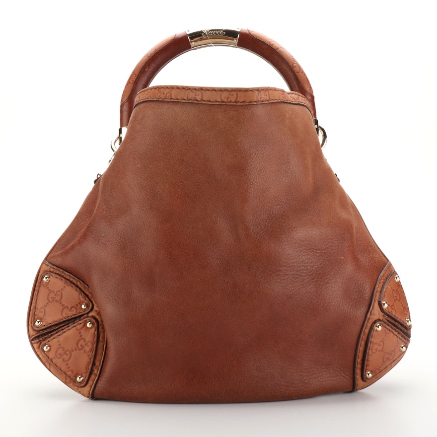 Gucci Indy Babouska Top Handle Hobo Bag in Leather with Guccissima Trim