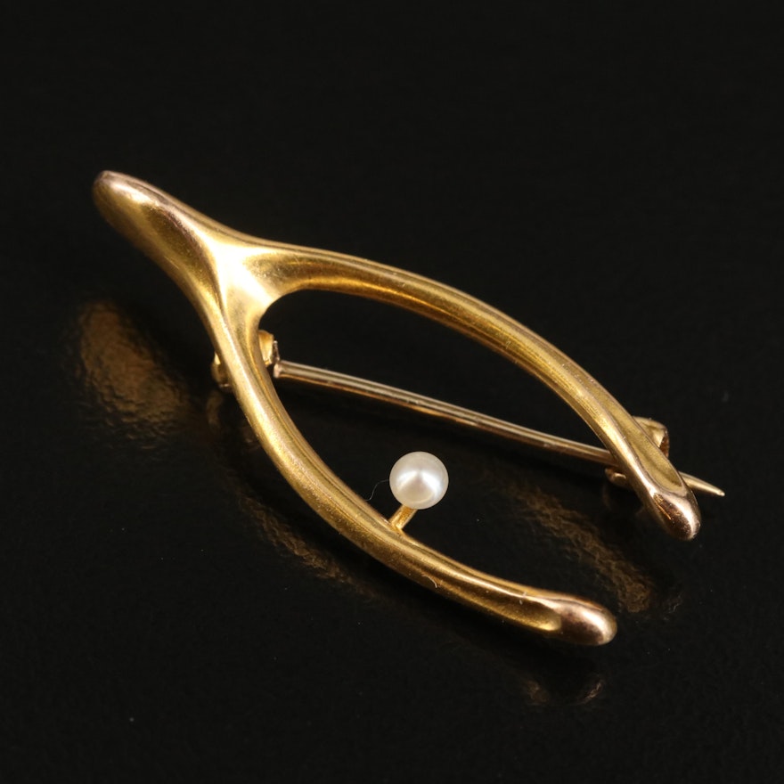 Edwardian J. Solinger & Company 14K Seed Pearl Wishbone Brooch