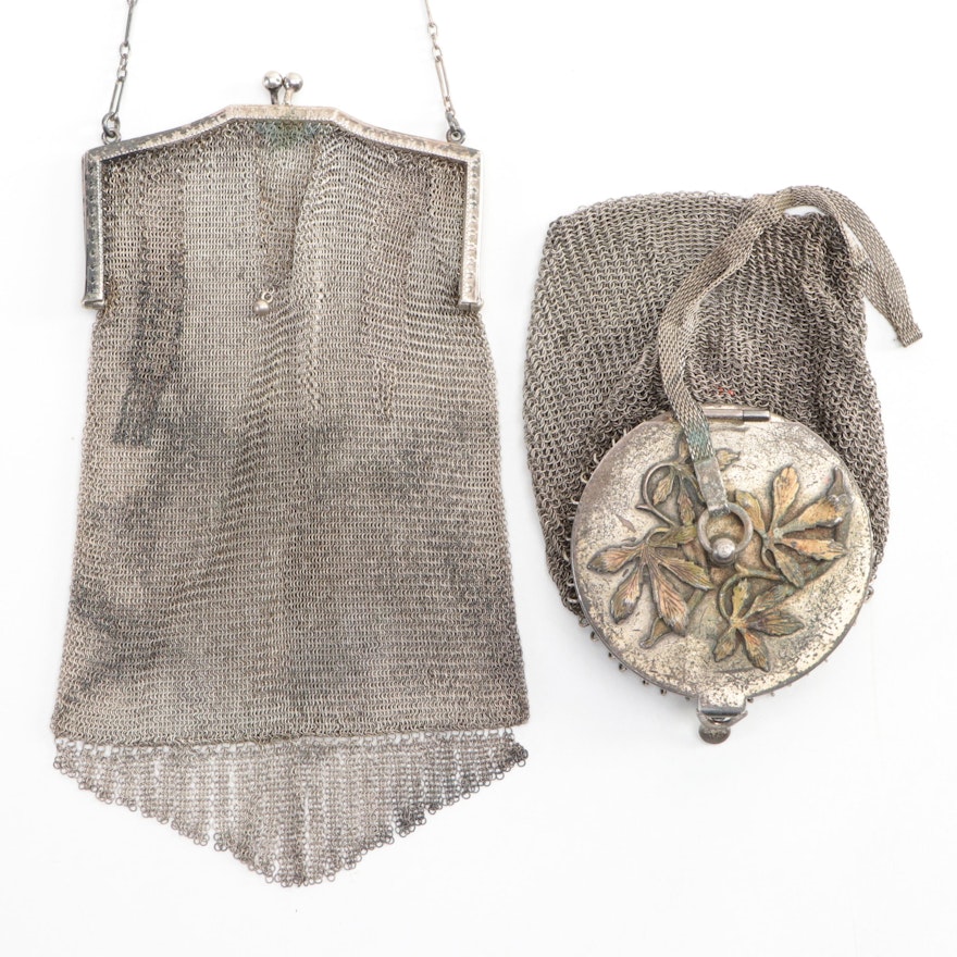 Ernst Bek Silver Plate Art Nouveau Mesh Bag and Mesh Bag with Compact