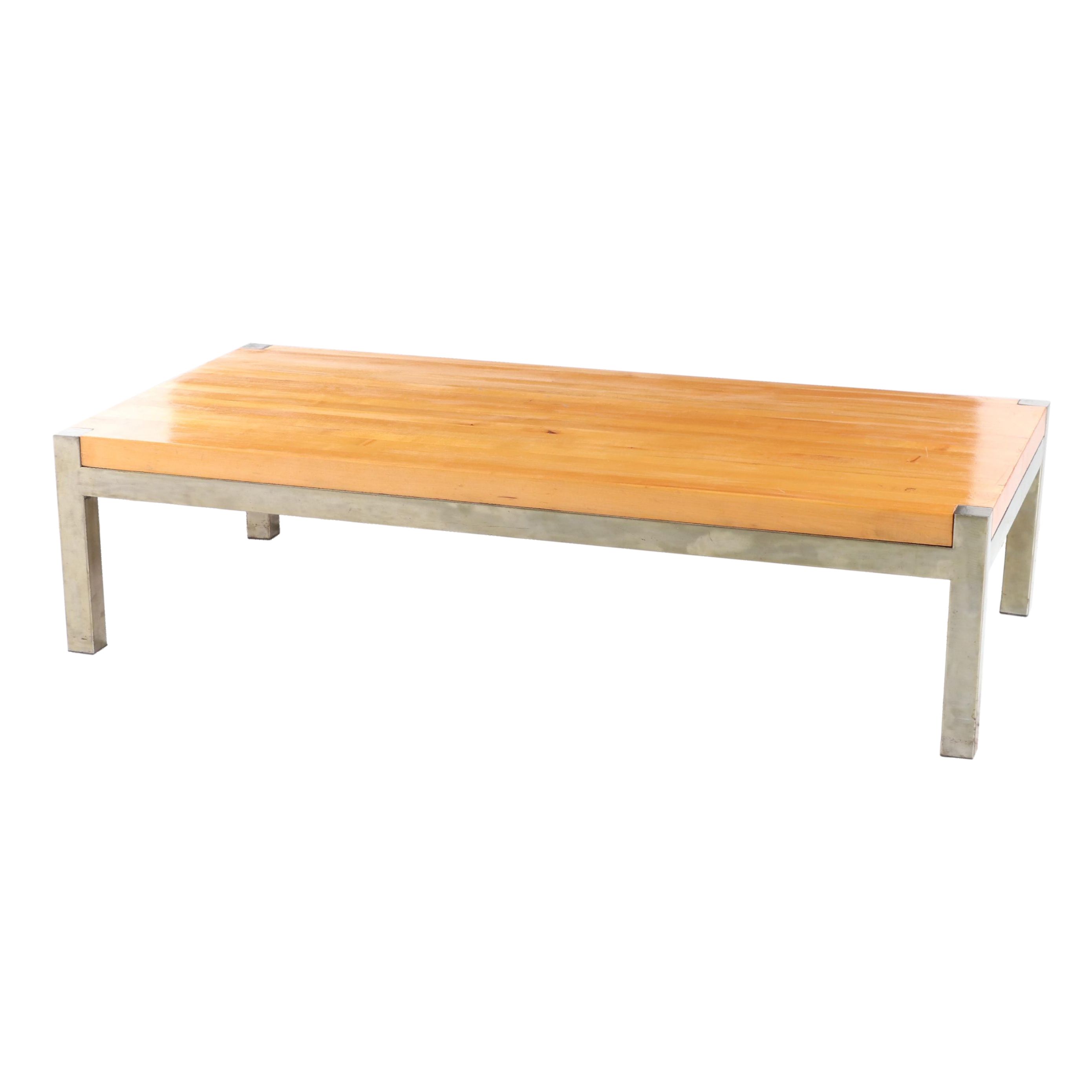 Chromed Metal and Maple Butcher Block Top Coffee Table