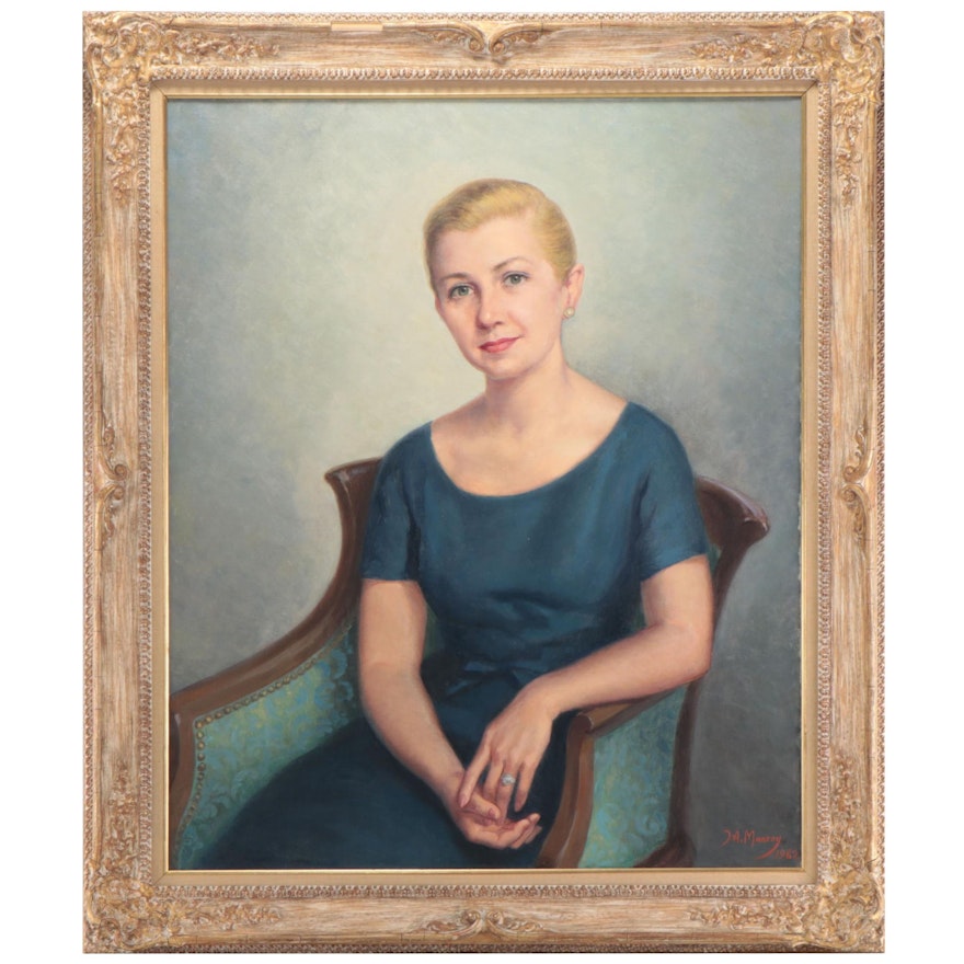J. A. Monroy Portrait of Woman Oil Painting, 1962