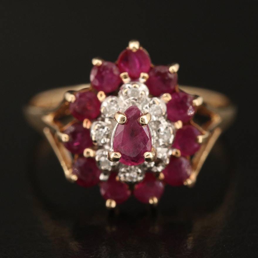 14K Ruby and Diamond Cluster Ring