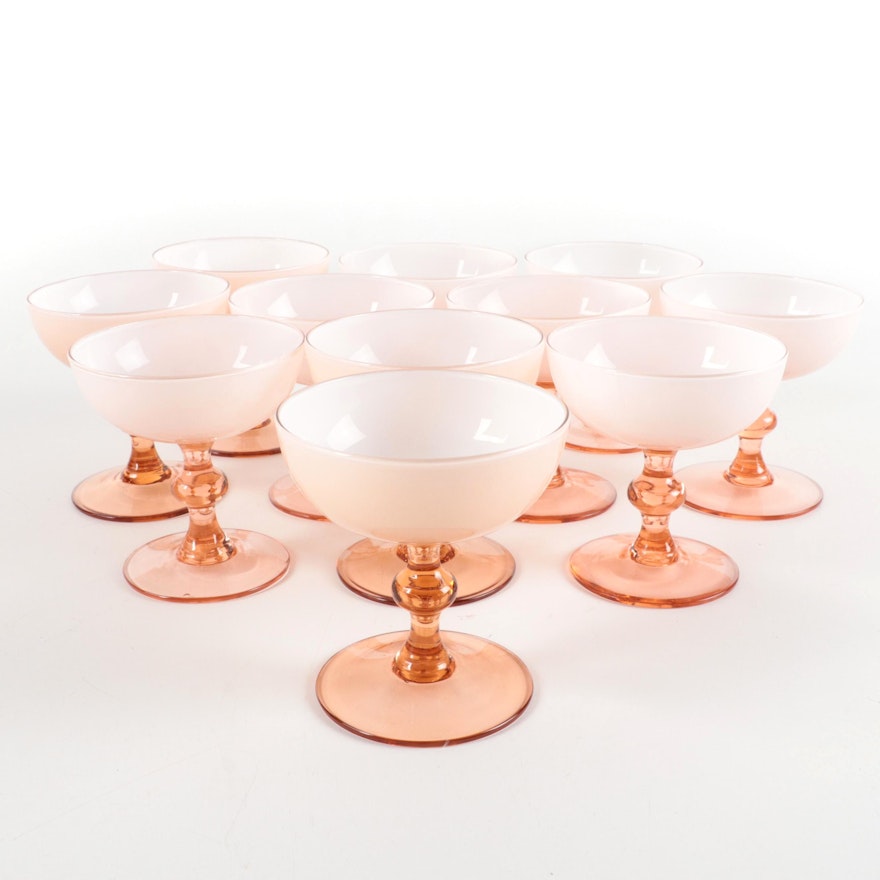 Colony Pink Cased Glass Champagne Coupes, Mid to Late 20th Century