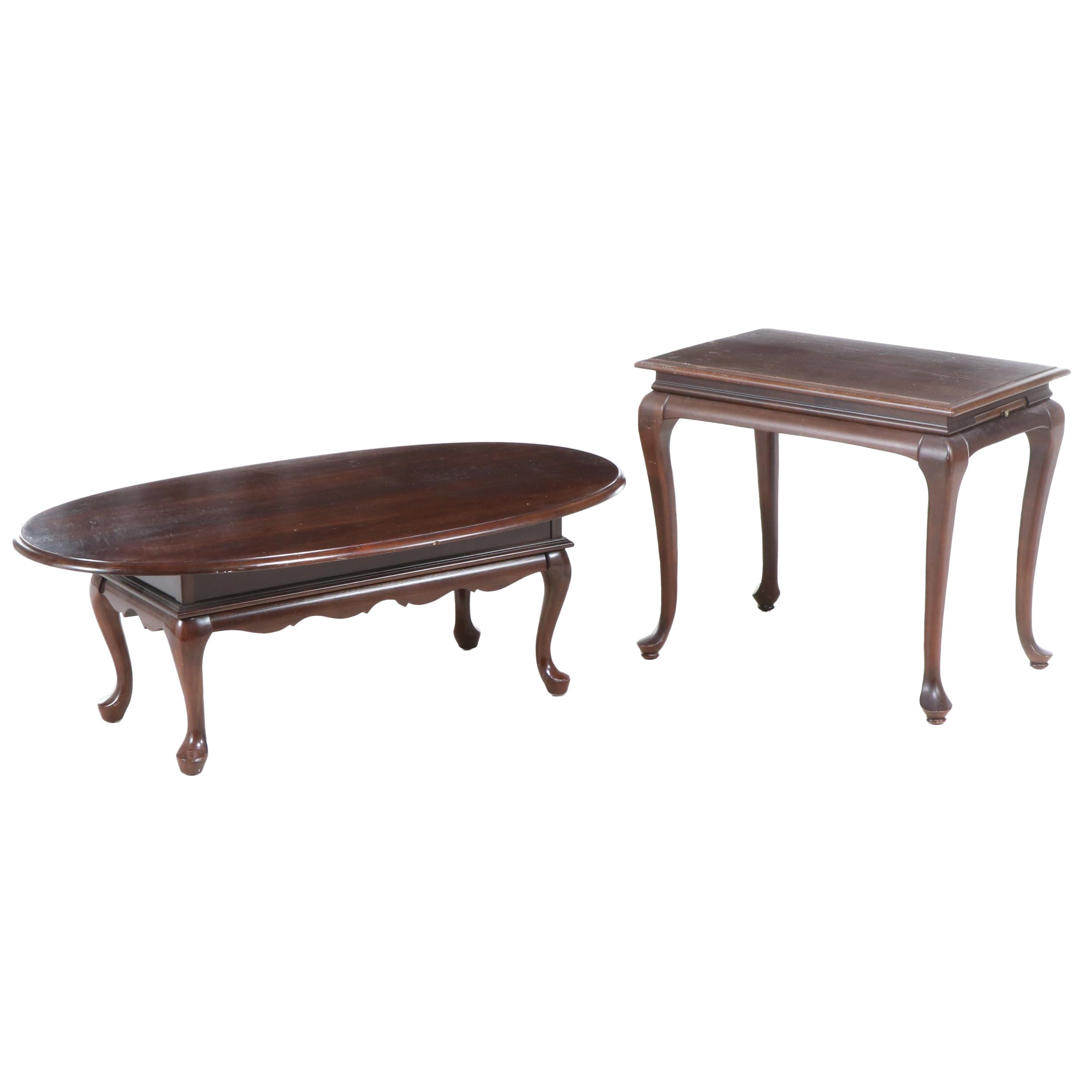 Queen Anne Style Cherry Coffee Table and Side Table, Late 20th Century