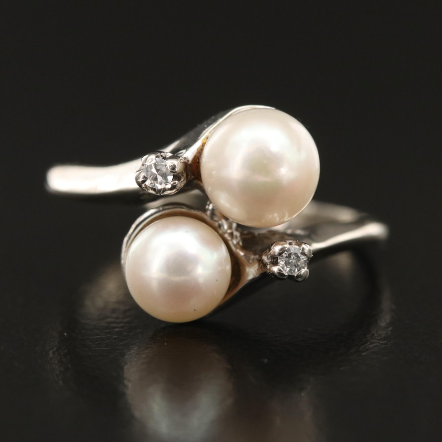 Vintage 10K Pearl and Diamond Bypass Ring