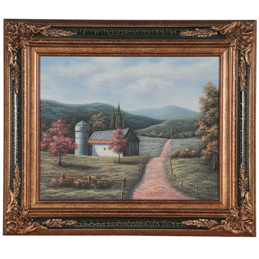 K. Hoskin Landscape Oil Painting of Farm and Silo, Circa 2000
