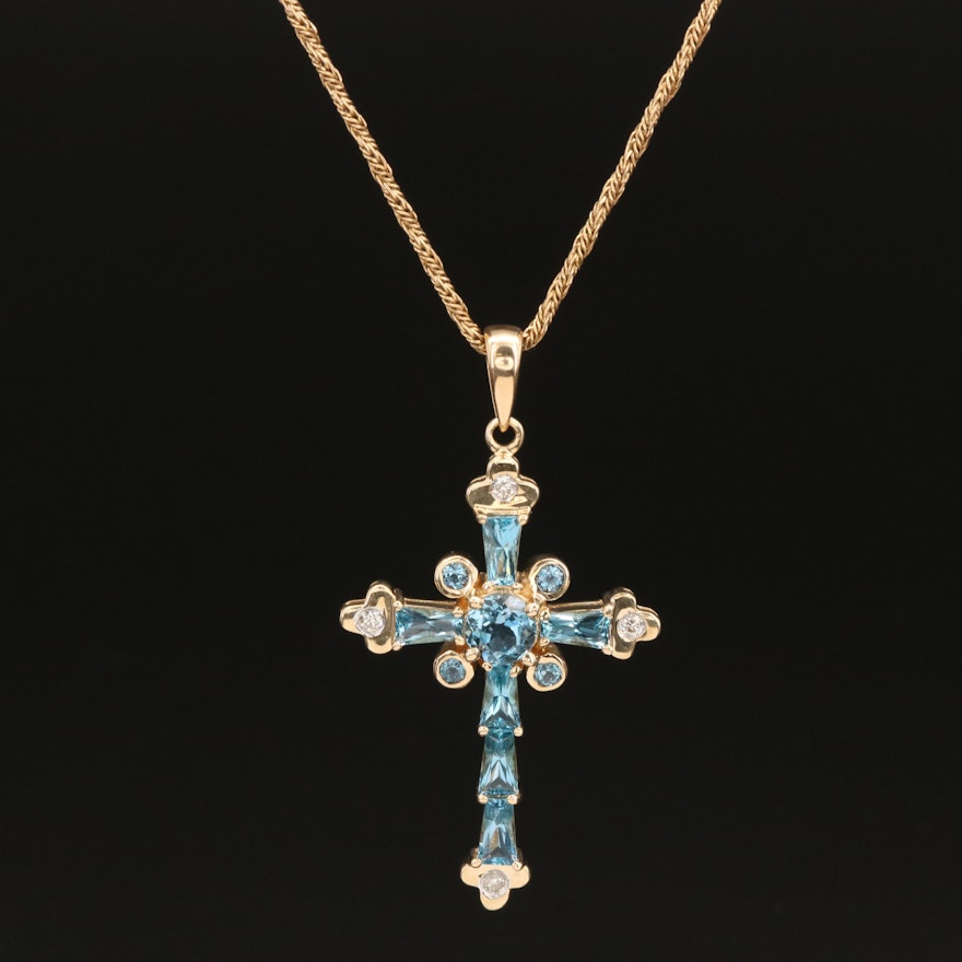 14K London Blue Topaz and Diamond Cross Necklace