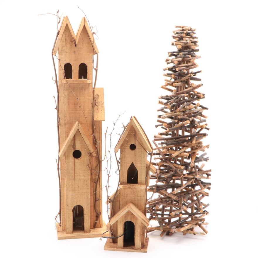 Wooden Illuminated Church Towers with Twig Tree