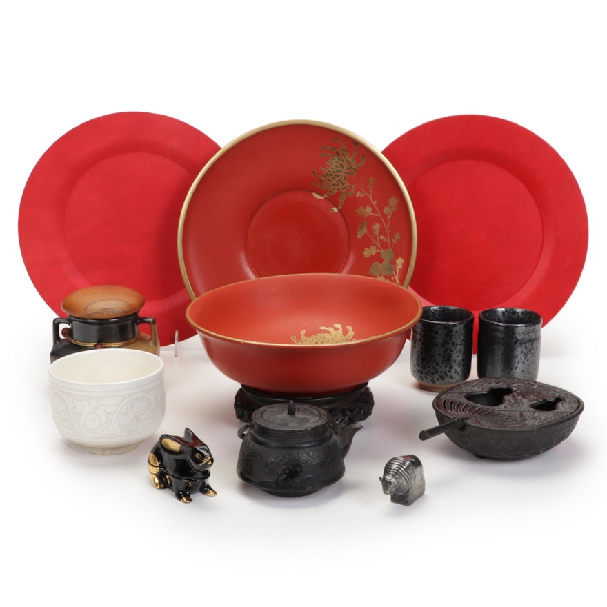 Red Lacquer Ware Wooden Plates, Iron Teapot, Ceramic Cups and More