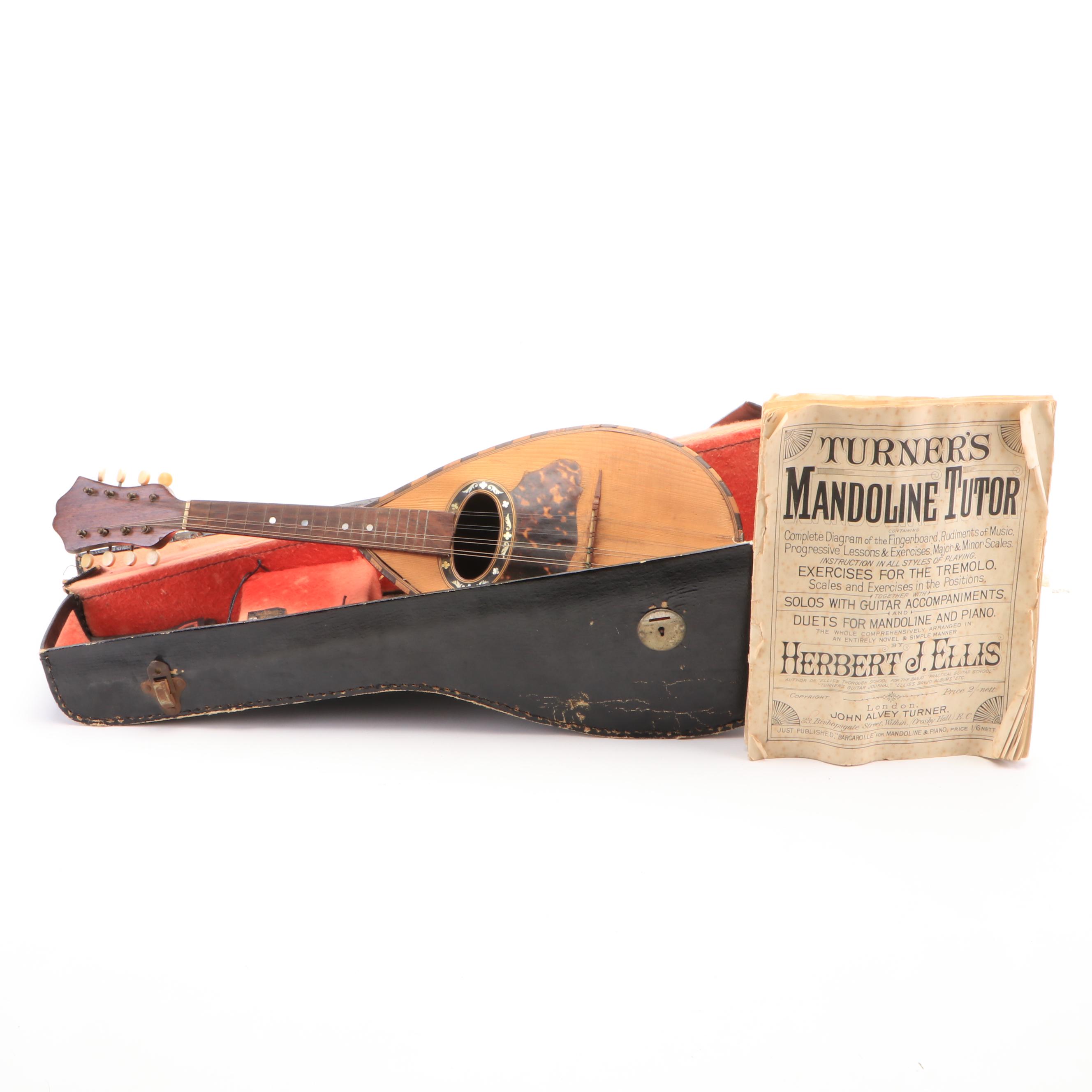 Italian Style Mother-of-Pearl and Turtle Shell Inlaid Bowl Back Mandolin, Case