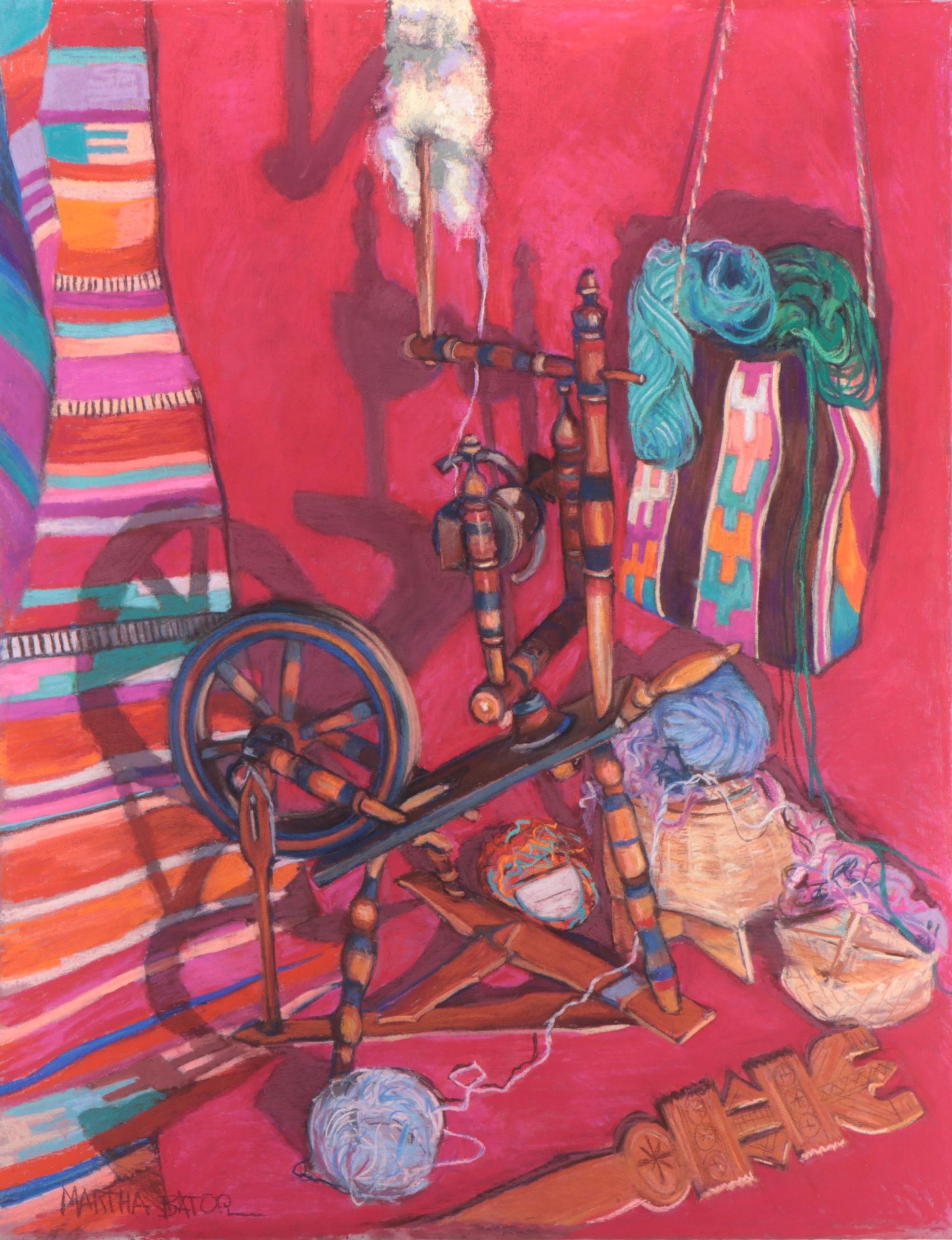 Martha Bator Still Life Pastel Drawing of a Spinning Wheel